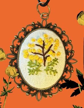 Handmade Yellow Floral Floral Pendant necklace - Embroidery Necklace